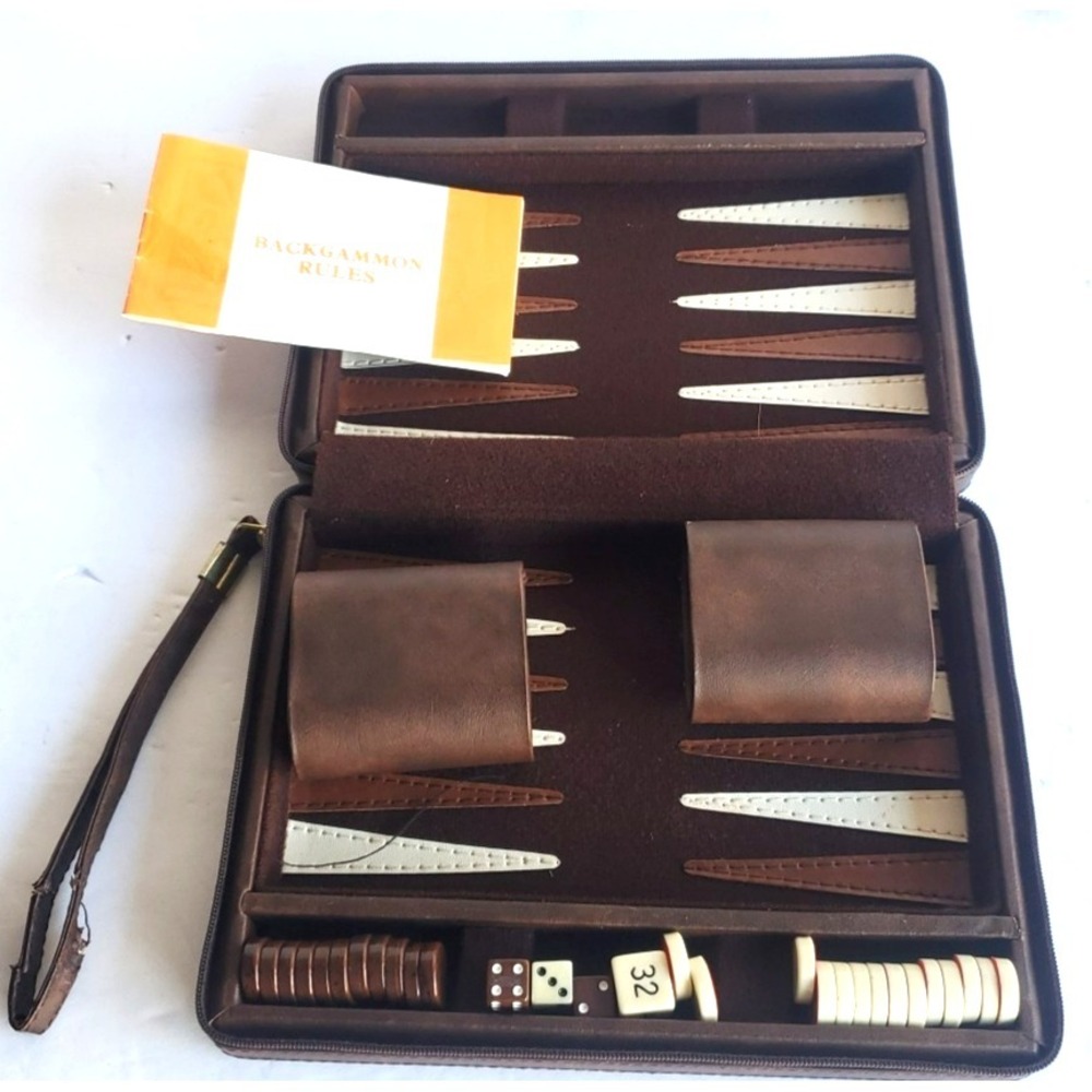 Travel Backgammon Magnetic Leatherette Mini Game Set Zip Carry Case Faux Leather